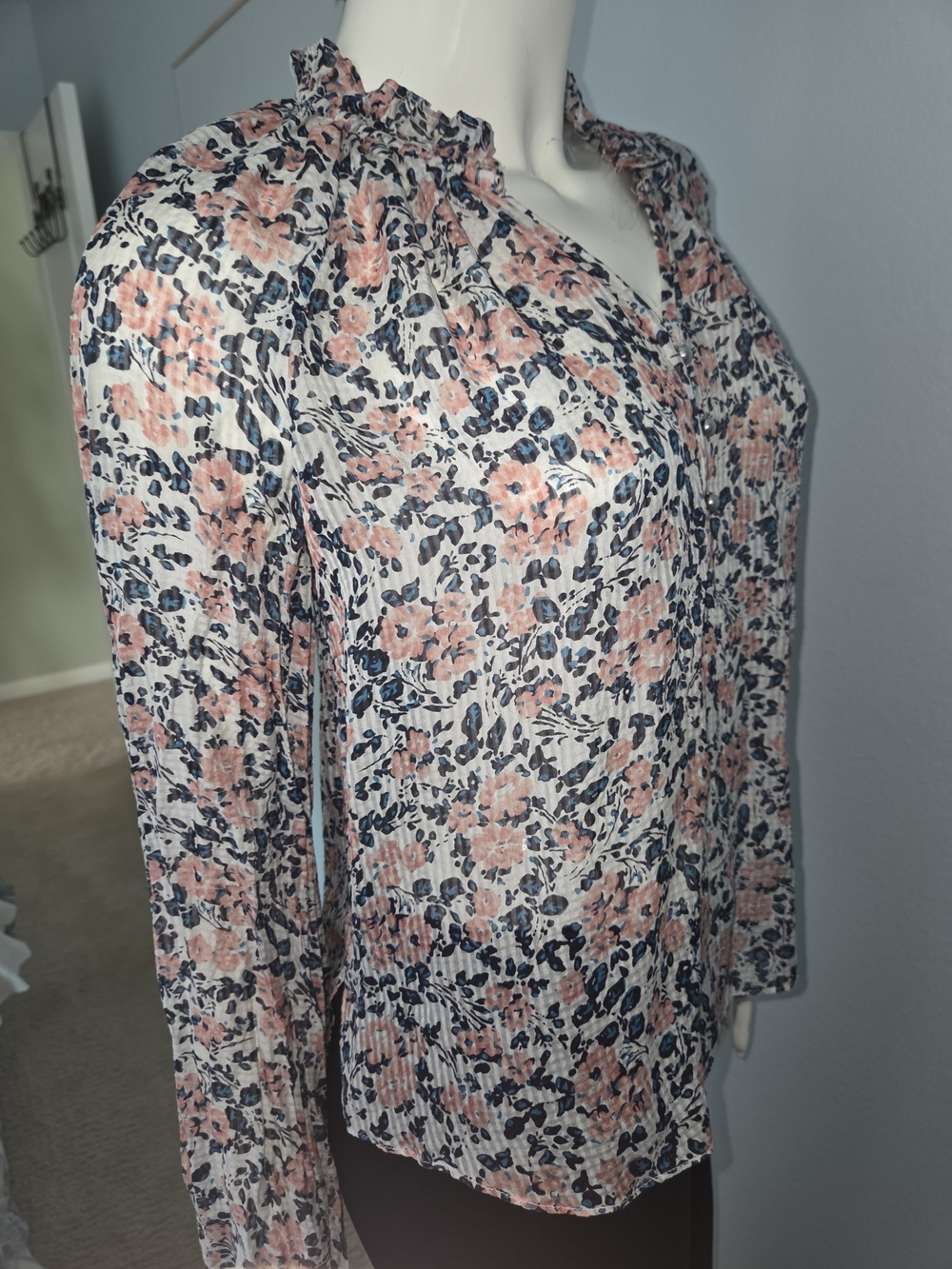 NWOT Veronica Beard White Floral Pink & Blue Sheer Silk Top Size 0/XS